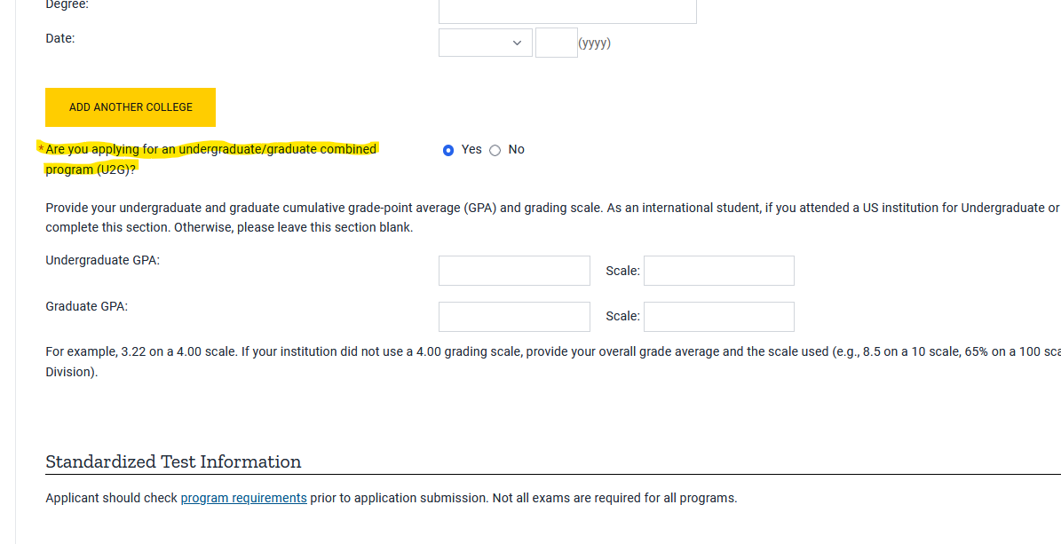 screenshot of UI graduate school application section C, highlighting the question "Are you applying for an undergraduate/graduate combined program (U2G)?