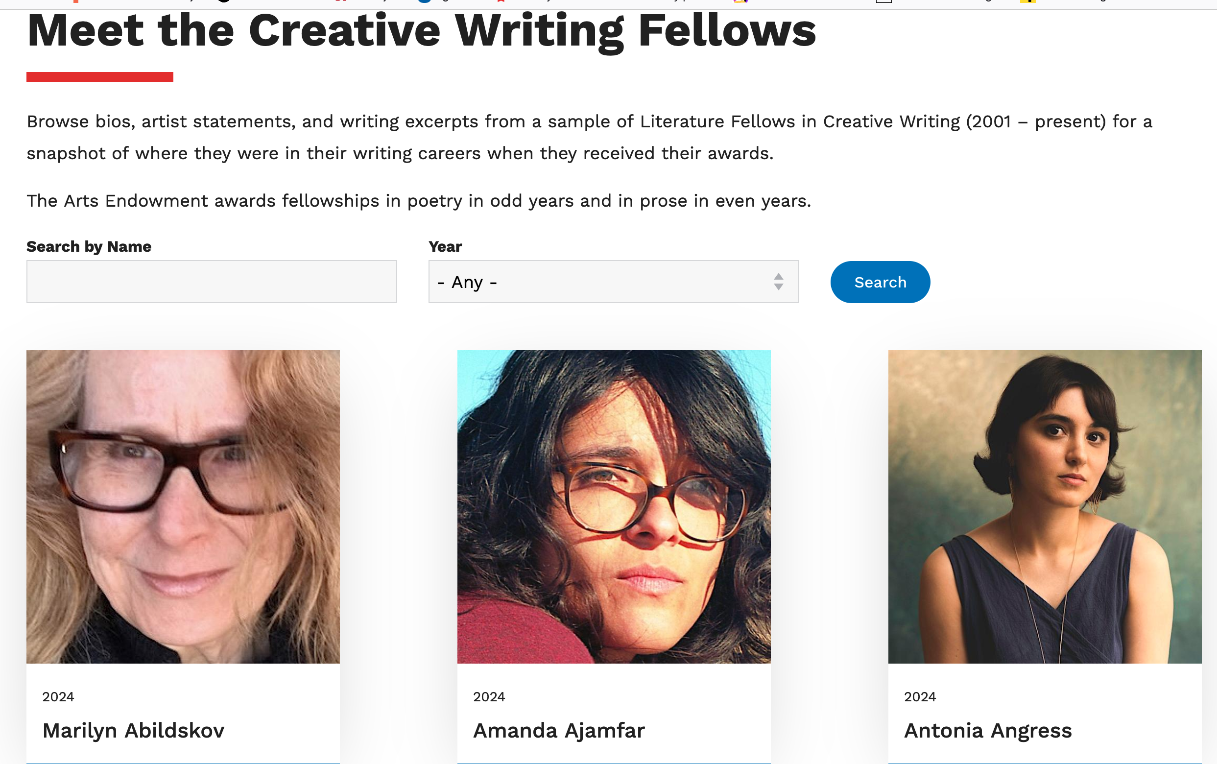 NEA Creative Writing Fellows page, including NWP alum Marilyn Abildskov